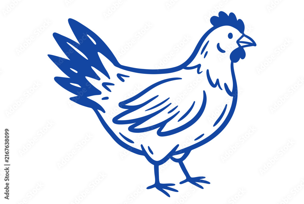 Fototapeta premium Simple Blue Line Art Chicken Illustration on White Background