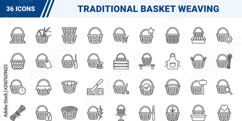 Weaving Basket Craft Web Icon Set in Linear Style. Collection of Basketry Art line icons, including handcraft, weaving, workshop, materials, tools, artisan.