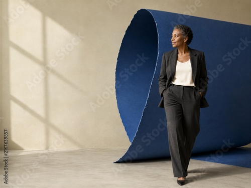 Black Brand Founder With a Monumental Cobalt Paper Curl for Business Innovation Concept