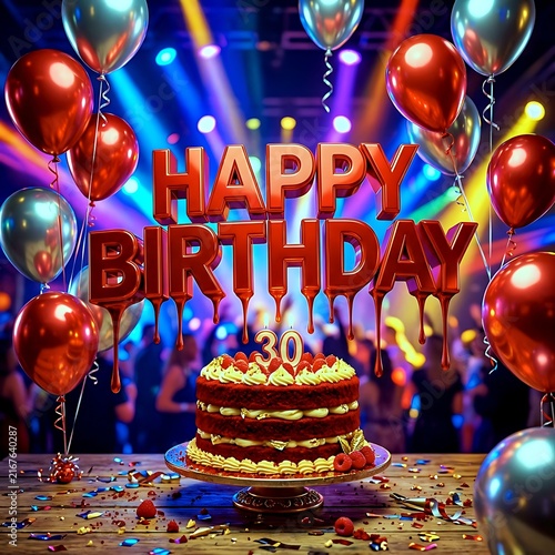 Thirtieth birthday party celebration with layered cake and red balloons