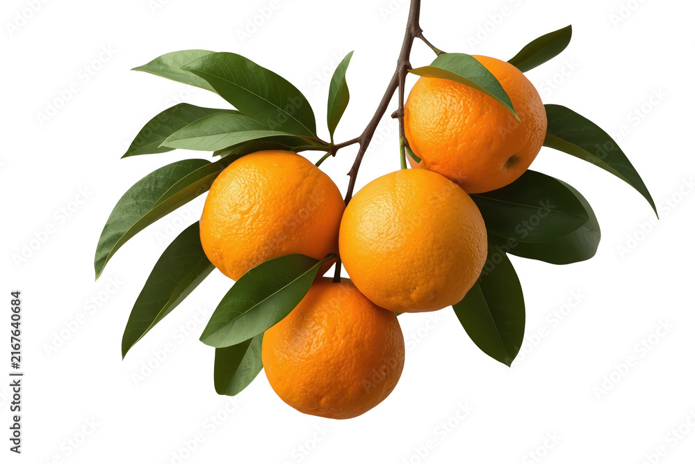 Obraz premium Cluster of four ripe oranges on leafy branch