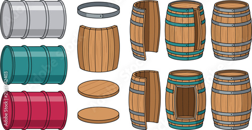 Deconstructed Wooden Wine Barrel Kit and Metal Oil Drums Vector Set with Exploded Components and Stave Layout Diagrams