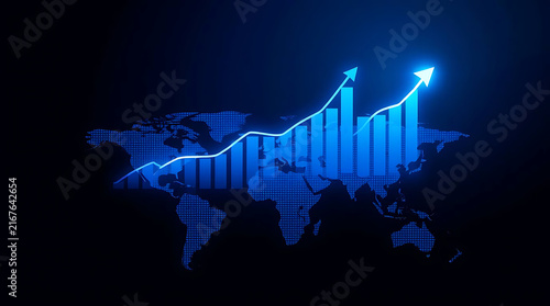 Blue digital graph ascending over world map with glowing lines representing global growth and finance