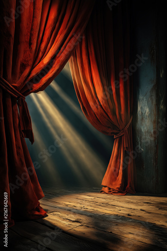 interior design, vintage theater stage with partly open crimson velvet curtain, wooden floor and golden spotlight, photorealistic