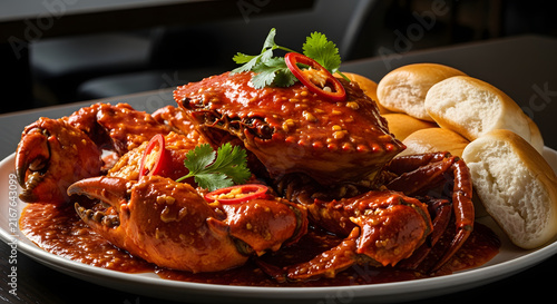 Spicy Chili Crab Feast: A succulent whole crab smothered in a rich, fiery chili sauce, garnished with fresh cilantro and sliced red chilies.
