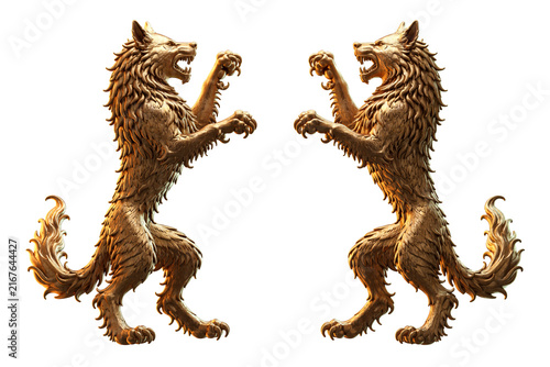 фотографія Heraldic wolves facing each other, symmetrical coat of arms design with two wolves standing rampant on hind legs, isolated on transparent background