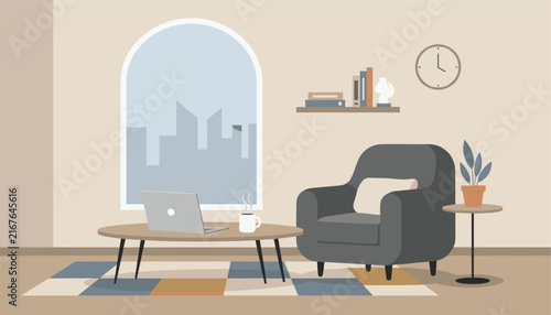 Modern cozy living room interior with a comfortable gray armchair, coffee table, laptop, and city view window.