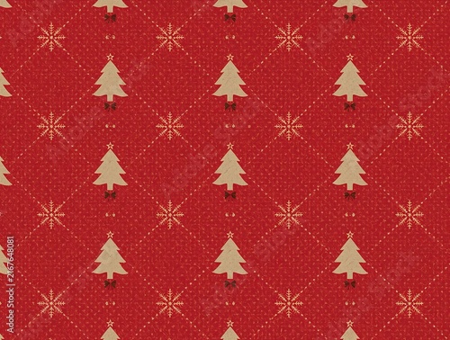 Festive red christmas wrapping paper pattern featuring golden pine trees and snowflakes gold snowflakes christmas