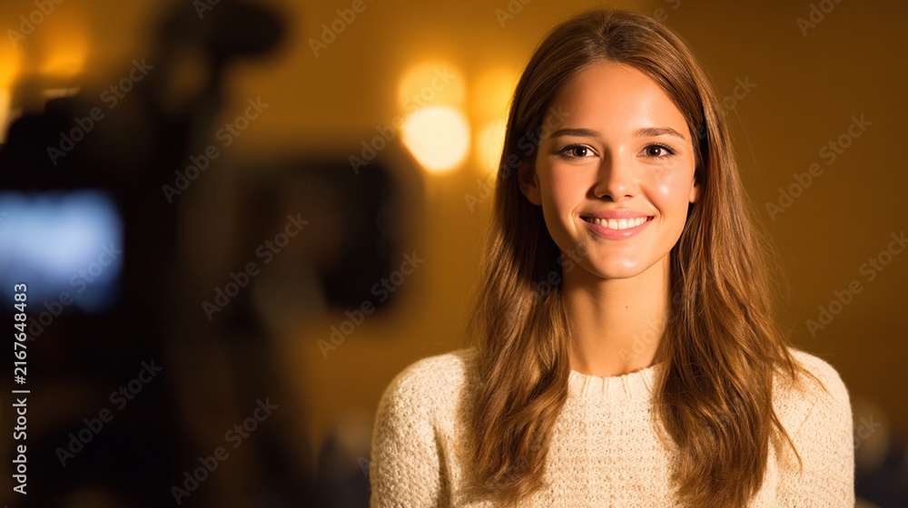 Obraz premium A young woman with long brown hair smiles warmly at the camera in a softly lit room, creating a welcoming and friendly atmosphere.