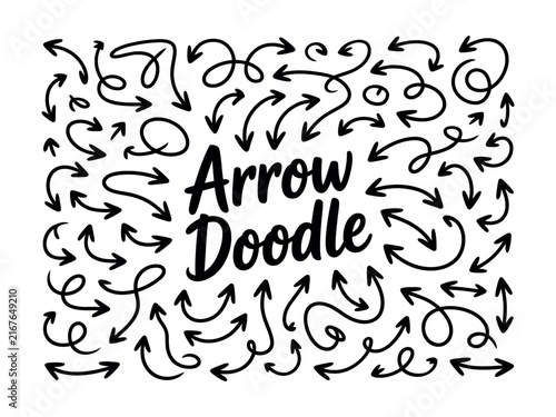 Black hand drawn doodle sketch curved and swirly arrows collection. Hand drawn curved swirl line arrow vector set for infographic. 
