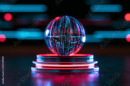 A glowing digital sphere rests on a neon lit pedestal with vibrant blue and red light trails. Perfect concept for advanced technology and data science presentations.
