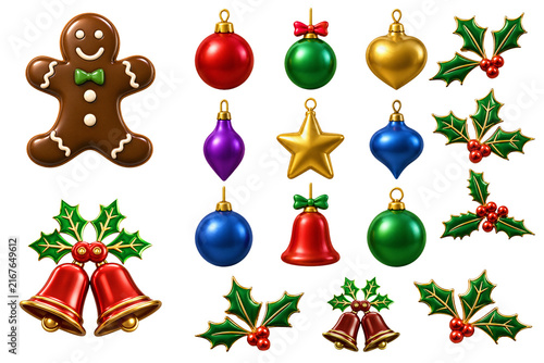 Christmas ornaments set with gingerbread man and holly berries on white background