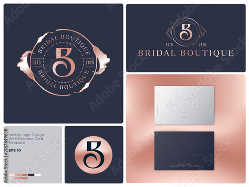 Brand identity for the wedding and fashion industry. Pink  gold B Letter monogram and texts in a circle with calla lily flowers. Business card mockup with embossing.