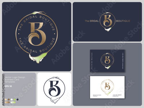 Brand identity for the wedding and fashion industry featuring a golden B Letter monogram logo in a circle with calla lily flower. Business card mockup.