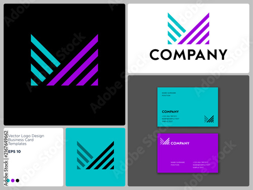 Geometric M Letter logo consists of diagonal strips. M monogram and brand identity, business card mockup.