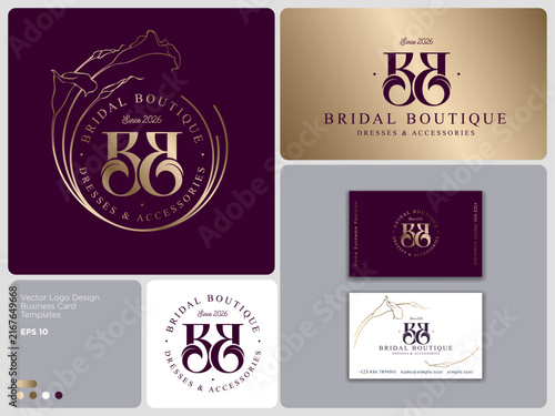 Bridal Boutique logo. Golden B and B letters. Double B monogram and texts in a circle with calla lily flowers. Business card mockup.