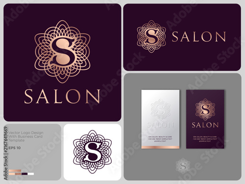 Brand identity for the beauty industry featuring a golden mandala and S Letter monogram logo. Business card mockup.