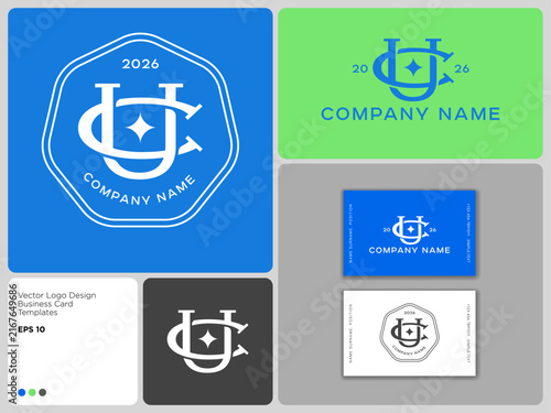UC or CU monogram badge logo with a star icon into geometric frames.Brand identity and business card mockup.