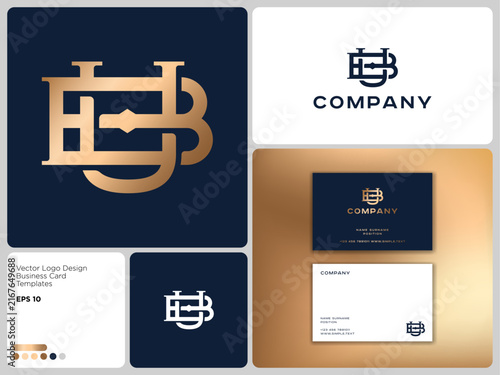 Golden interlocking UB or BU monogram logo. Brand identity for the financial and corporate industry. Business card mockup.