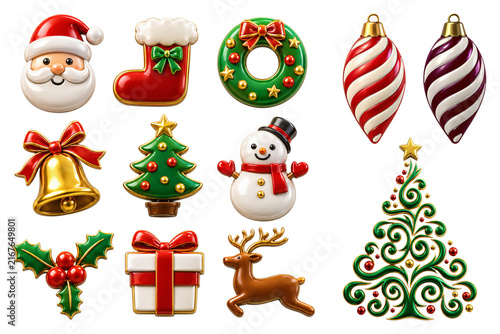 Set of colorful Christmas holiday enamel pins and festive decorative icons on white