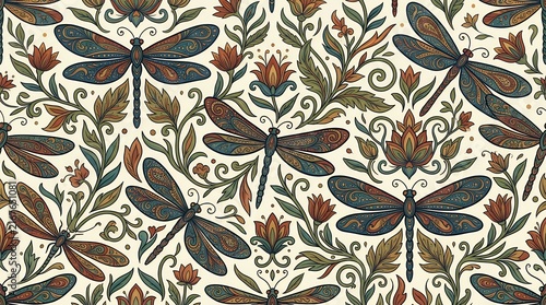 Seamless Folk Art DragonflyPattern with Elegant Botanical Leaf Flowers and Nature Inspired Floral Ornament Design dragonfly pattern seamless folk art botanical ornament floral nature leaf