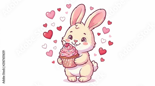 Cute Cartoon Bunny Holding a Pink Cupcake Surrounded by Floating Hearts Adorable Sweet Animal Dessert Isolated on White Background bunny rabbit cute cartoon cupcake pink dessert hearts animal sweet