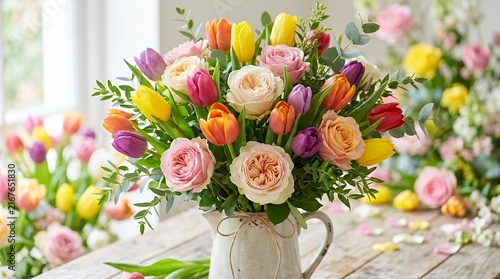 Vibrant Bouquet of Spring Tulips and Roses with Fresh Green Leaves Colorful Natural Floral Arrangement Petals Pattern Background tulip rose bouquet flowers spring floral arrangement colorful vibrant