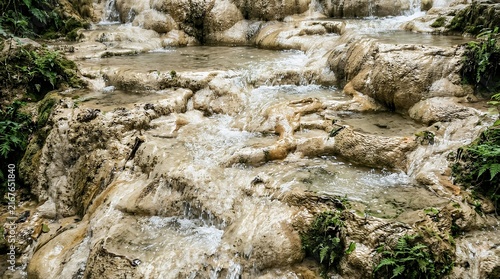 Natural Travertine Mineral Formations Shaped by Flowing Water Stream Geological Stone Waterfall Surface Texture Background travertine mineral formation water stream stone rock geology natural flow