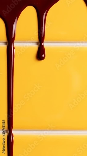 Thick Melted Dark Chocolate Drips Cascading Over Vibrant Yellow Ceramic Kitchen Tiles Close Up Food Background