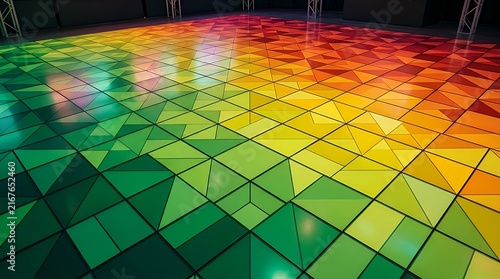 Modern Dynamic Geometric Square Mosaic with Gradient Floor View mosaic squares gradient geometric abstract green yellow orange background modern pattern trendy dance floor cubes grid 3d perspective