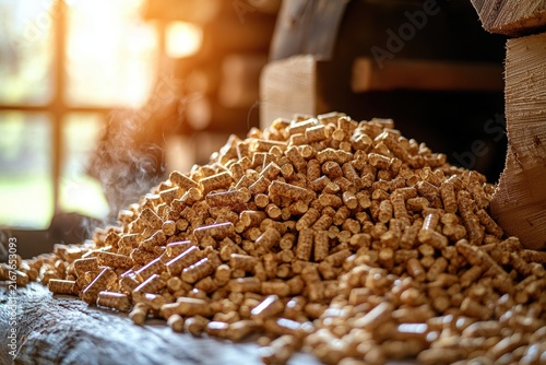 Compressed wood pellets on a plain background. Natural biomass material for alternative fuel and cat litter. Close-up view of a pile of organic wood pellets