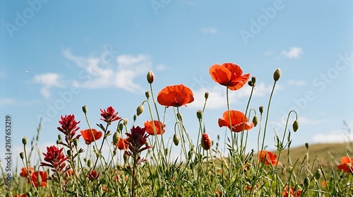 Scarlet Wildflowers and Blossoming Buds Reaching Towards Clear Atmosphere with Analog Texture poppy Flowers red Petals green Buds blue Sky clouds nature Photography field Wildflowers summer Flora