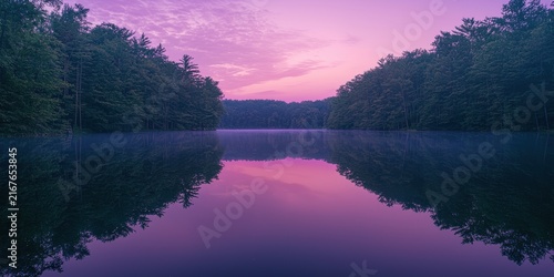 Sunset with a diminishing pink hue reflecting on water, surrounded by trees