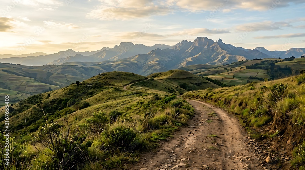 Fototapeta premium Dirt road winding through green hills toward mountain peaks