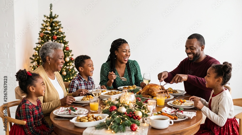 Fototapeta premium Joyful multi-generational Black family celebrating Christmas with a festive holiday dinner