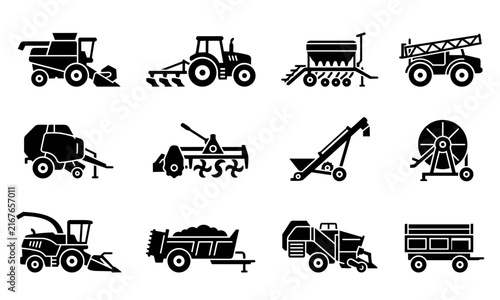 Bild auf Leinwand Agricultural Machinery and Farming Equipment Black Vector Icon Set