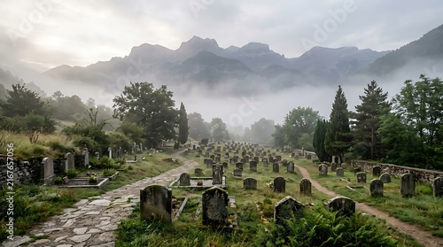Foggy mountain cemetery with ancient stone headstones
