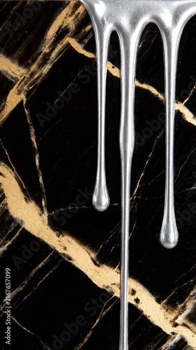 Luxurious Black Marble Texture Background with Liquid Silver Drip Overlay for Elegant Interior Design Projects