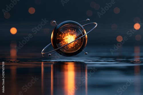 A futuristic metallic orb with glowing orange light floating over dark reflective water under cinematic lighting. This sci-fi concept art is perfect for technology and fantasy.