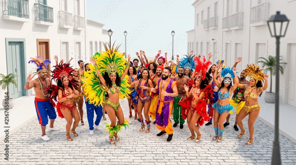 Obraz premium Vibrant dancers in colorful costumes celebrate a lively street festival with joyful energy