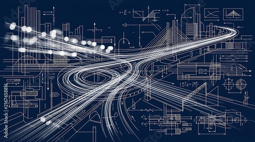 Digital urban infrastructure blueprint with glowing traffic light trails