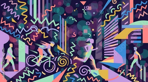 Colorful geometric art of people exercising in a vibrant city