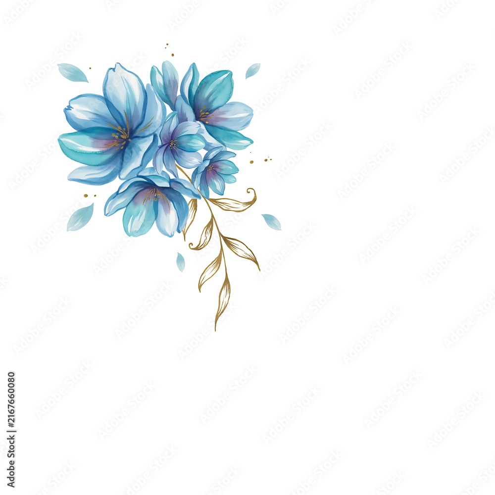 Obraz premium Watercolor blue flowers with gold leaves on white background, isolated on a, transparent background