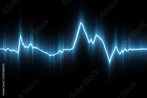 Glowing blue sound wave graphic equalizer glowing against a dark background. This futuristic audio technology illustration is perfect for music production and sound engineering.