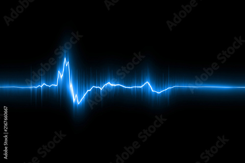 Bright blue glowing heartbeat line pulses against a dark background. Medical technology concept for healthcare digital displays.