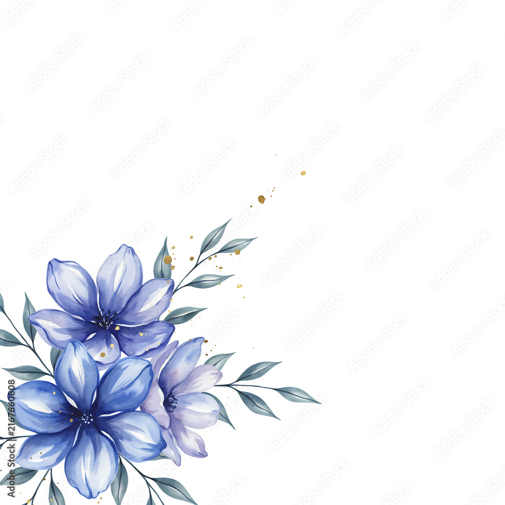 Obraz premium Watercolor blue flowers with green leaves and gold paint splatters isolated on a transparent background