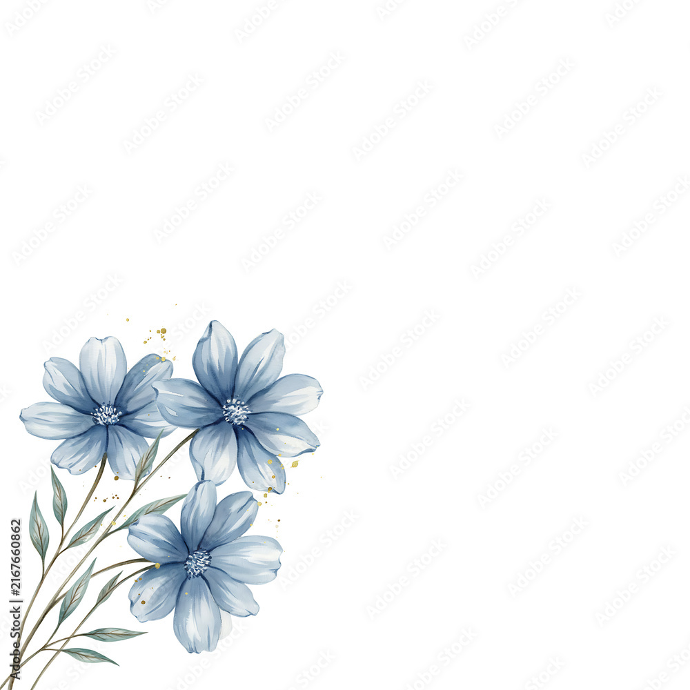 Obraz premium Watercolor blue flowers with green leaves and gold paint splatters isolated on a transparent background
