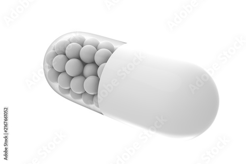 3D render of a white transparent medical capsule filled with small spheres or granules. Set of isolated medical pill illustrations from different camera angles, perfect for pharmaceutical design, heal