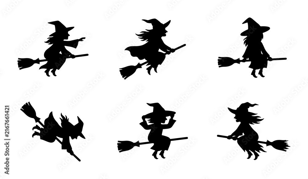 Fototapeta premium Witch Silhouette Icons, Flying Witches Vector Set, Halloween Magic Symbols, Spooky Character Graphics