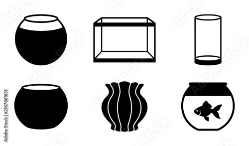Aquarium Icons Set, Fish Tank Vector Graphics, Decorative Vases, Glass Containers, Aquatic Pet Supplies